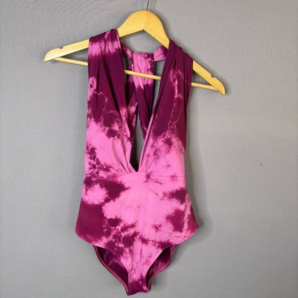 Lulus Pink/Magenta Tie-dye Halter One Piece Bathing Suit - Picture 1 of 3